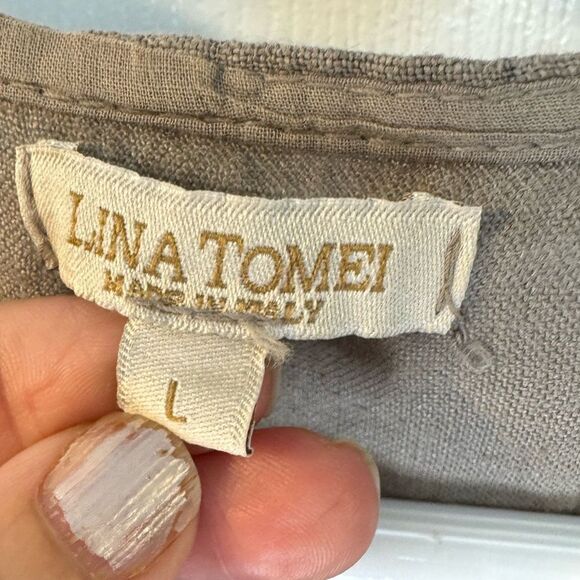 Lina Tomei 100% Linen Beaded Round Neck Sheath Dress Pockets Size Large Taupe - Picture 3 of 11